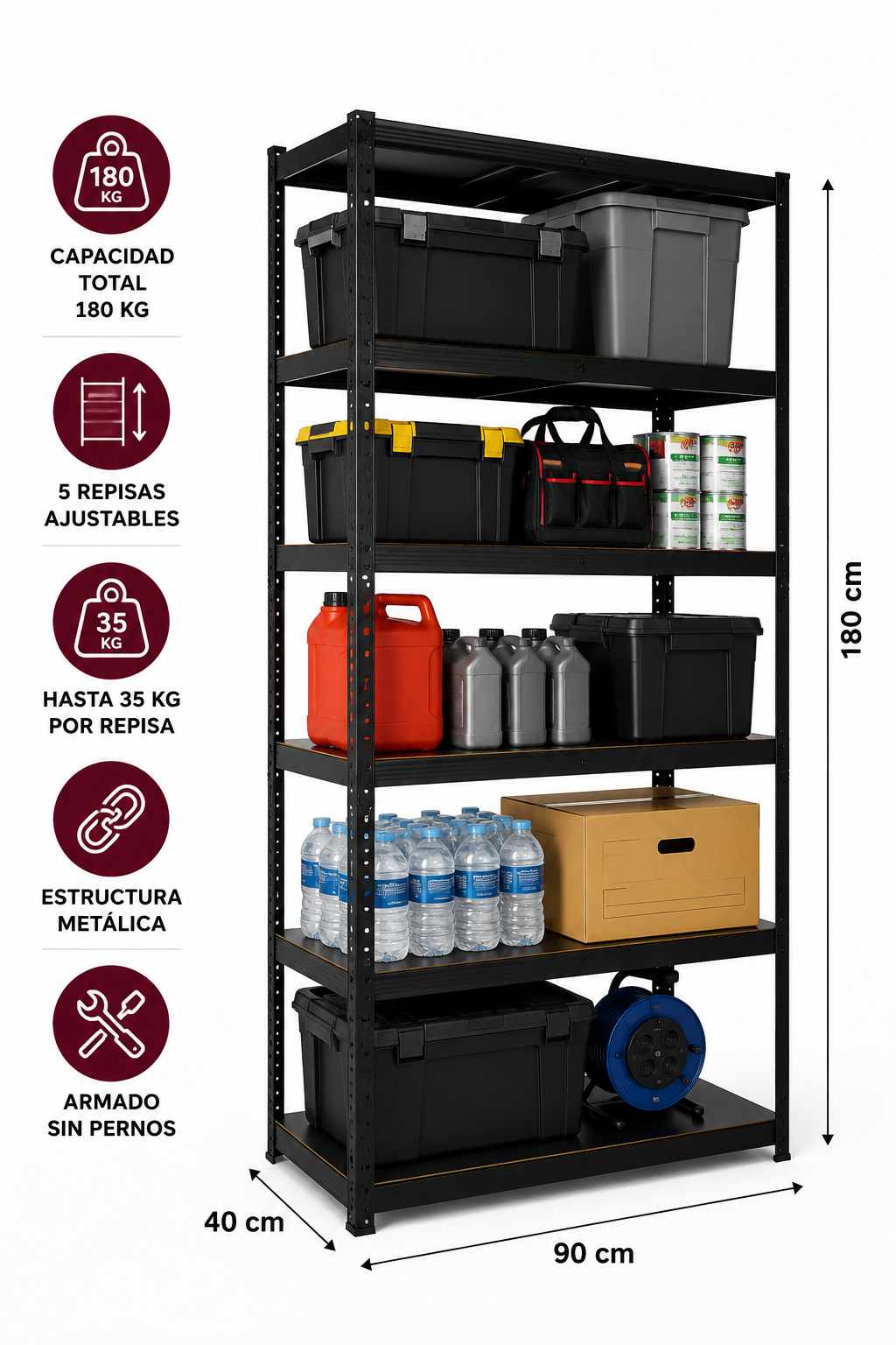 Estante Metalico Negro Rack Pack 5 Niveles 180x90x40 Cm Soporta 180 Kg-2