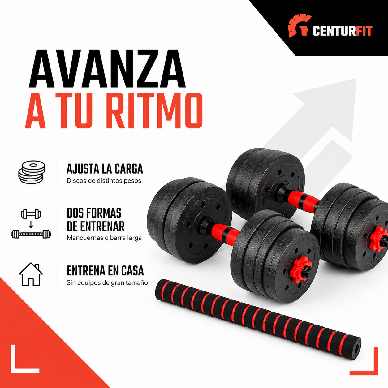 Set Mancuernas Barra Ajustables 20 Kg 3 En 1 rojo -3