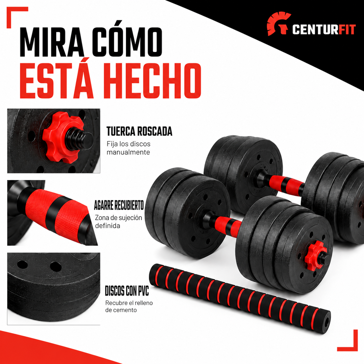 Set Mancuernas Barra Ajustables 20 Kg 3 En 1 rojo -4