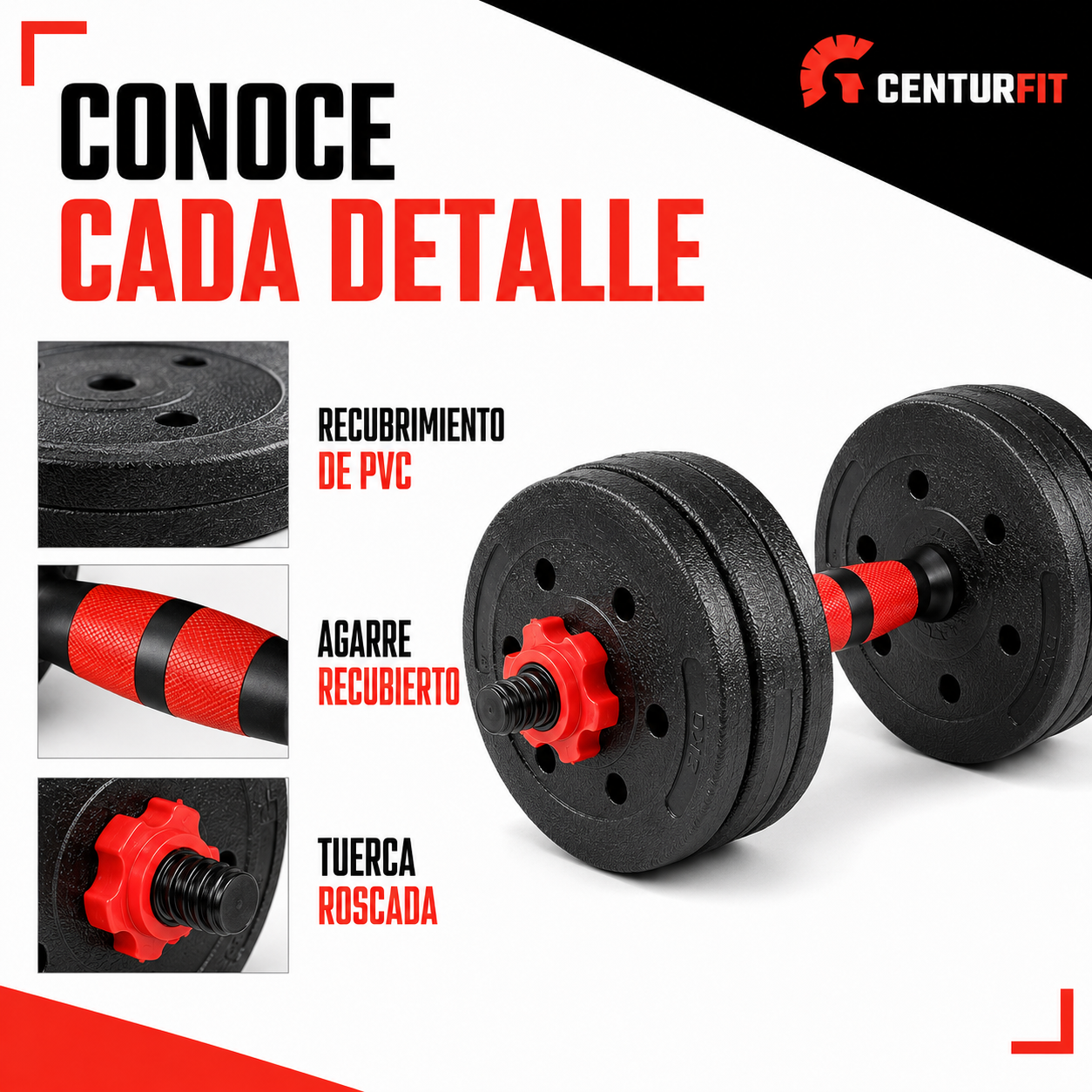 Set Mancuernas Barra Ajustables 20 Kg 3 En 1 rojo -5