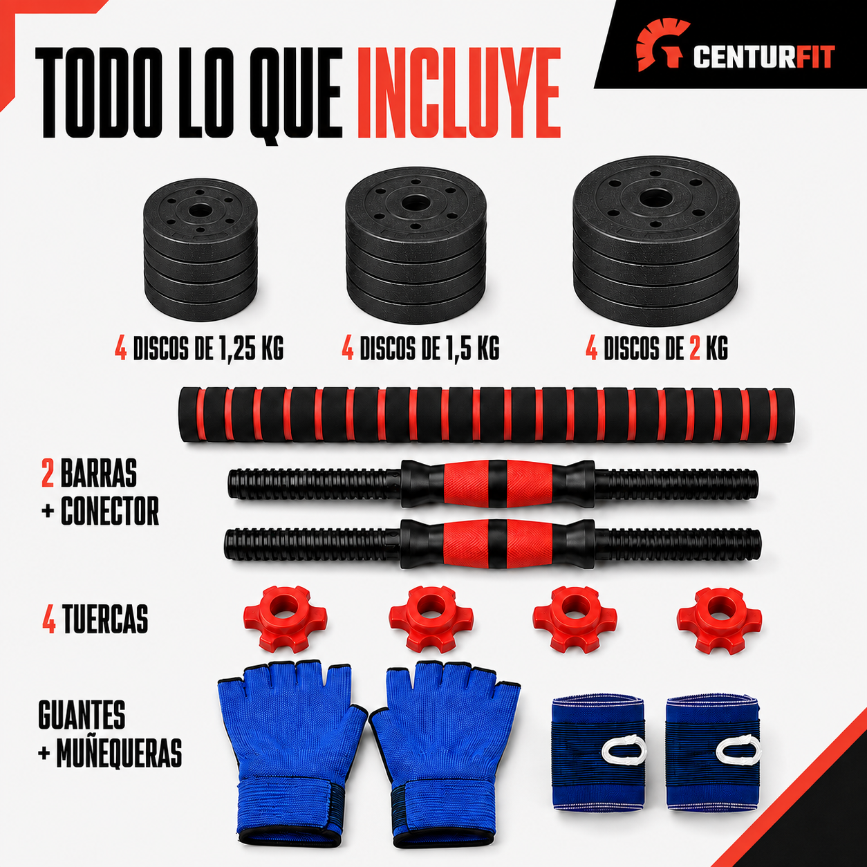 Set Mancuernas Barra Ajustables 20 Kg 3 En 1 rojo -6