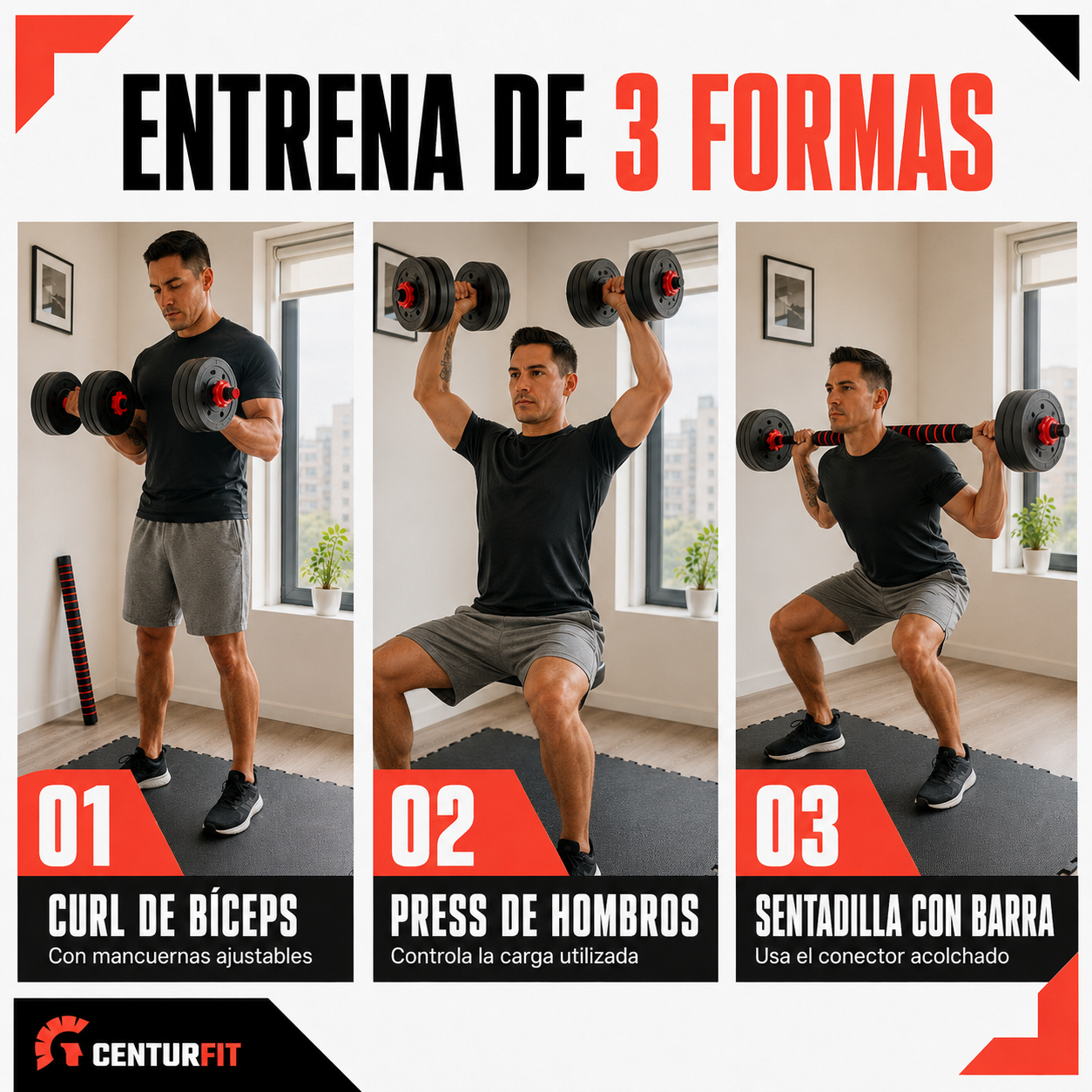 Set Mancuernas Barra Ajustables 20 Kg 3 En 1 rojo -9