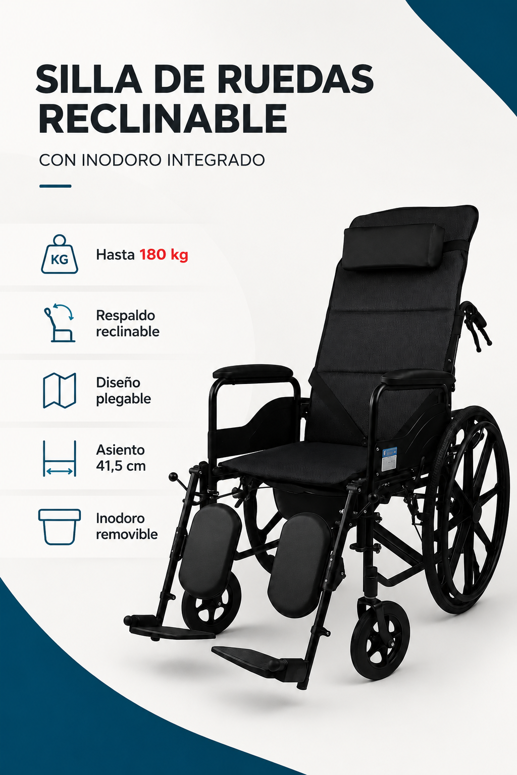 Silla De Ruedas Manual Reclinable Con Ba o Integrado Inodoro-5