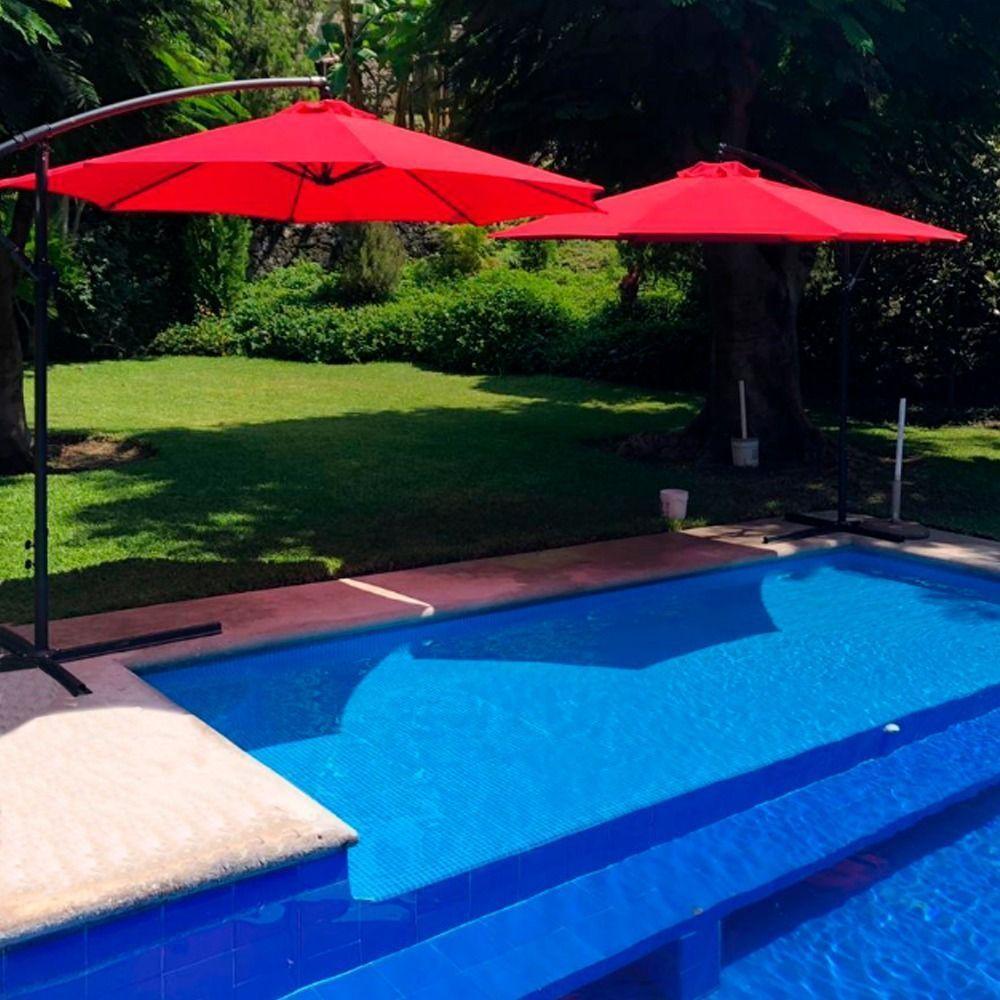 Quitasol 3 mt Rojo Plegable Extensible Pedestal Redondo-6