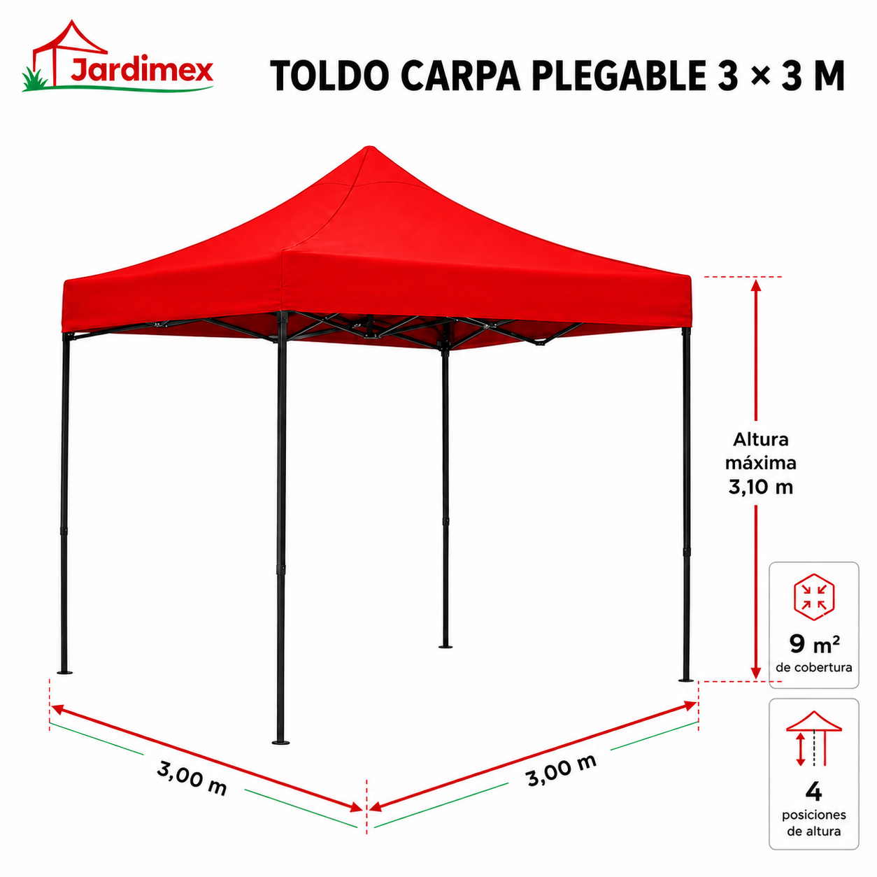 Toldo Plegable Jardimex 3x3 Carpa Impermeable Protección UV Rojo-2