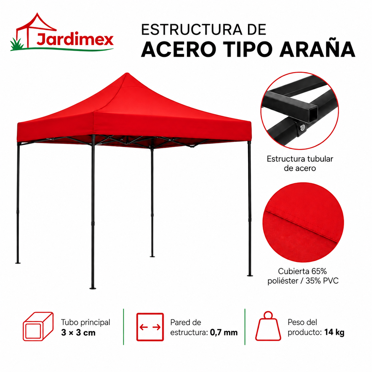 Toldo Plegable Jardimex 3x3 Carpa Impermeable Protección UV Rojo-3