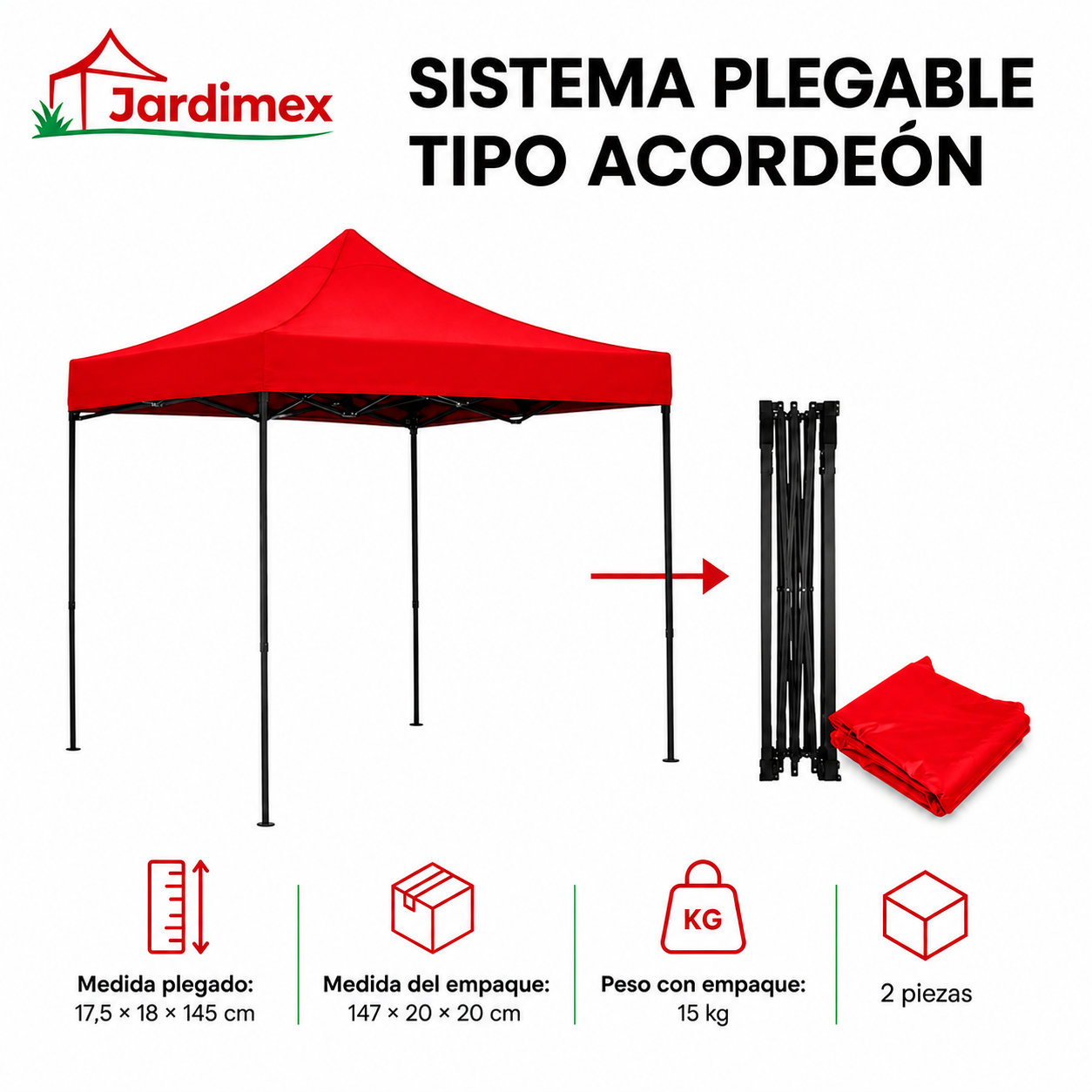 Toldo Plegable Jardimex 3x3 Carpa Impermeable Protección UV Rojo-4
