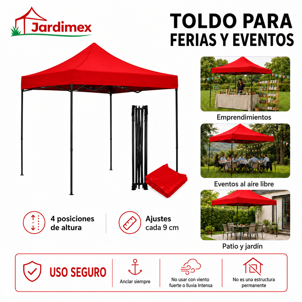 Toldo Plegable Jardimex 3x3 Carpa Impermeable Protección UV Rojo-5