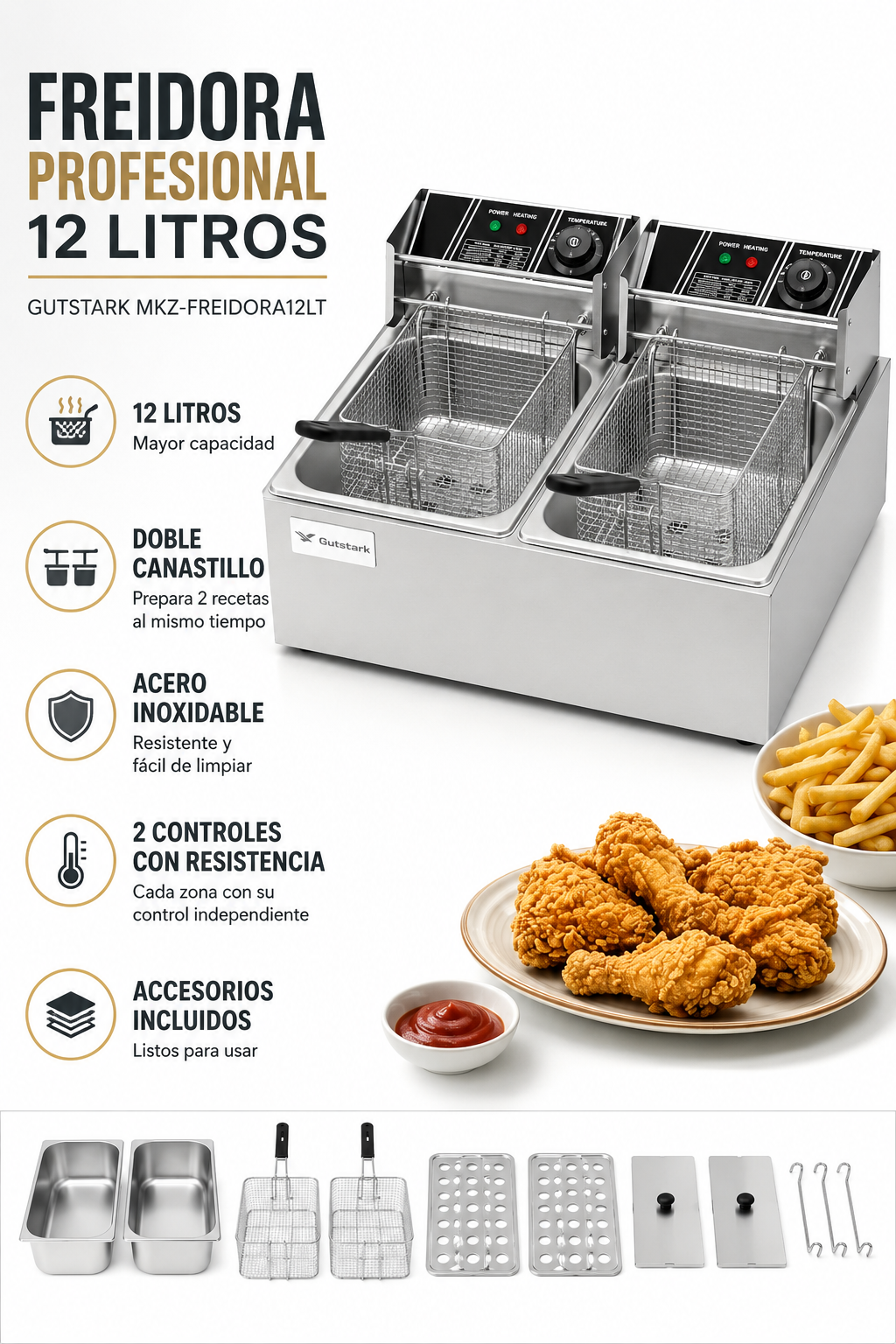 Freidora Electrica Gutstark 12 Litros Doble Canastillo 220v-2
