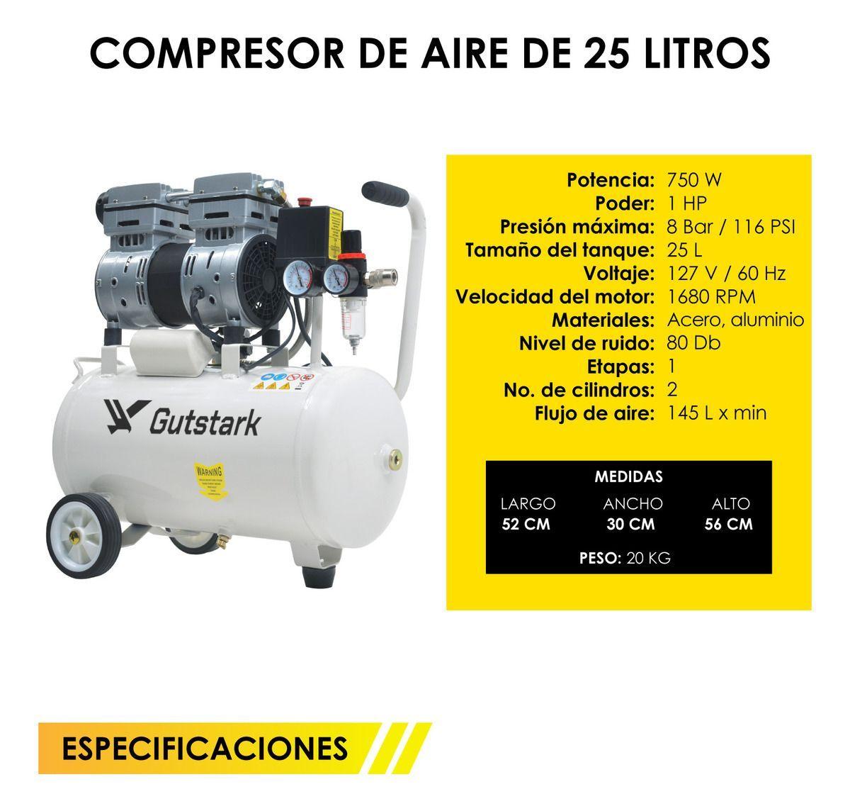 Compresor Libre De Aceite Silencioso 25lts 1hp 220v Dental-5