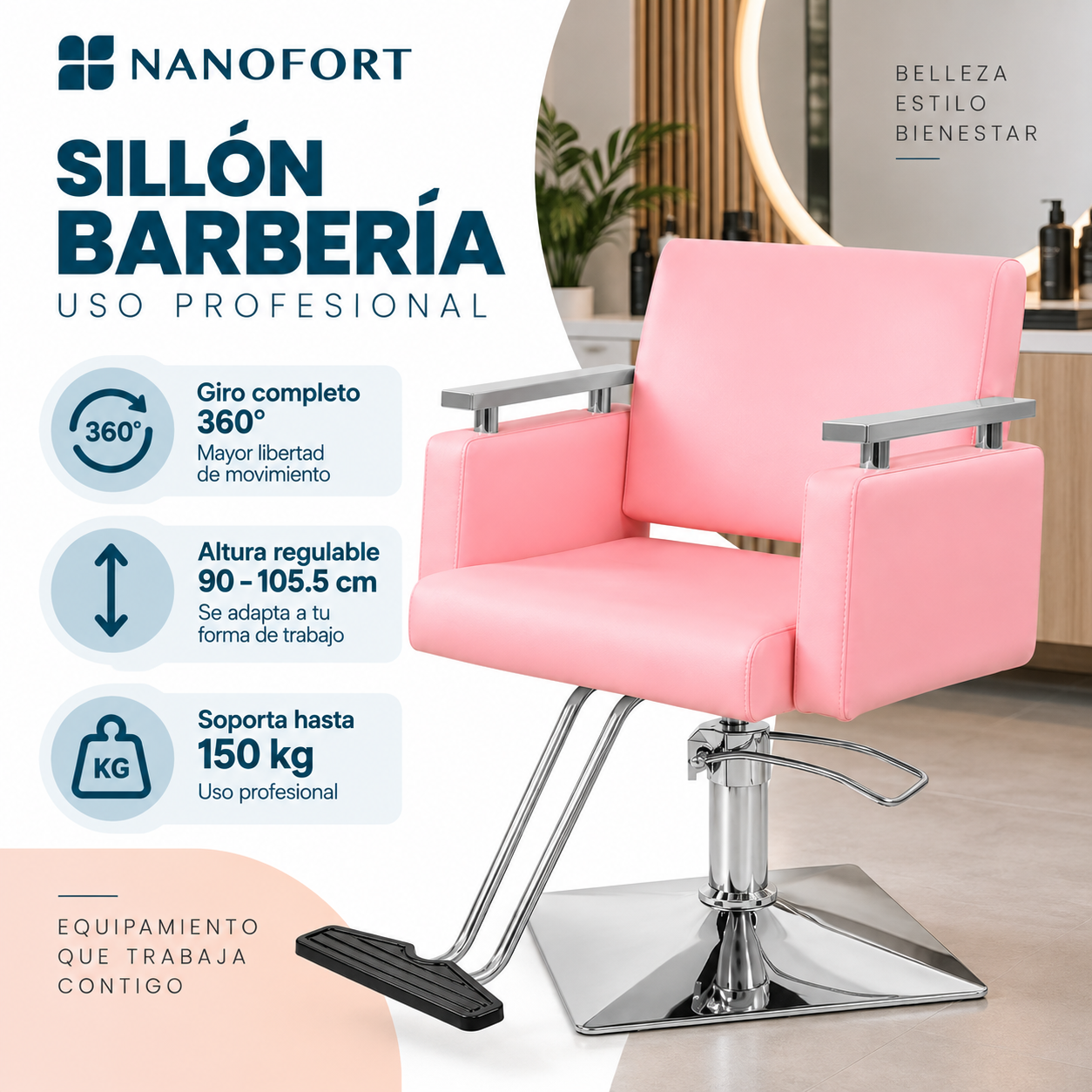 Sill n Barber a Hidr ulico Rosa Giro 360 Base Cuadrada Soporta 150 Kg Nanofort-1