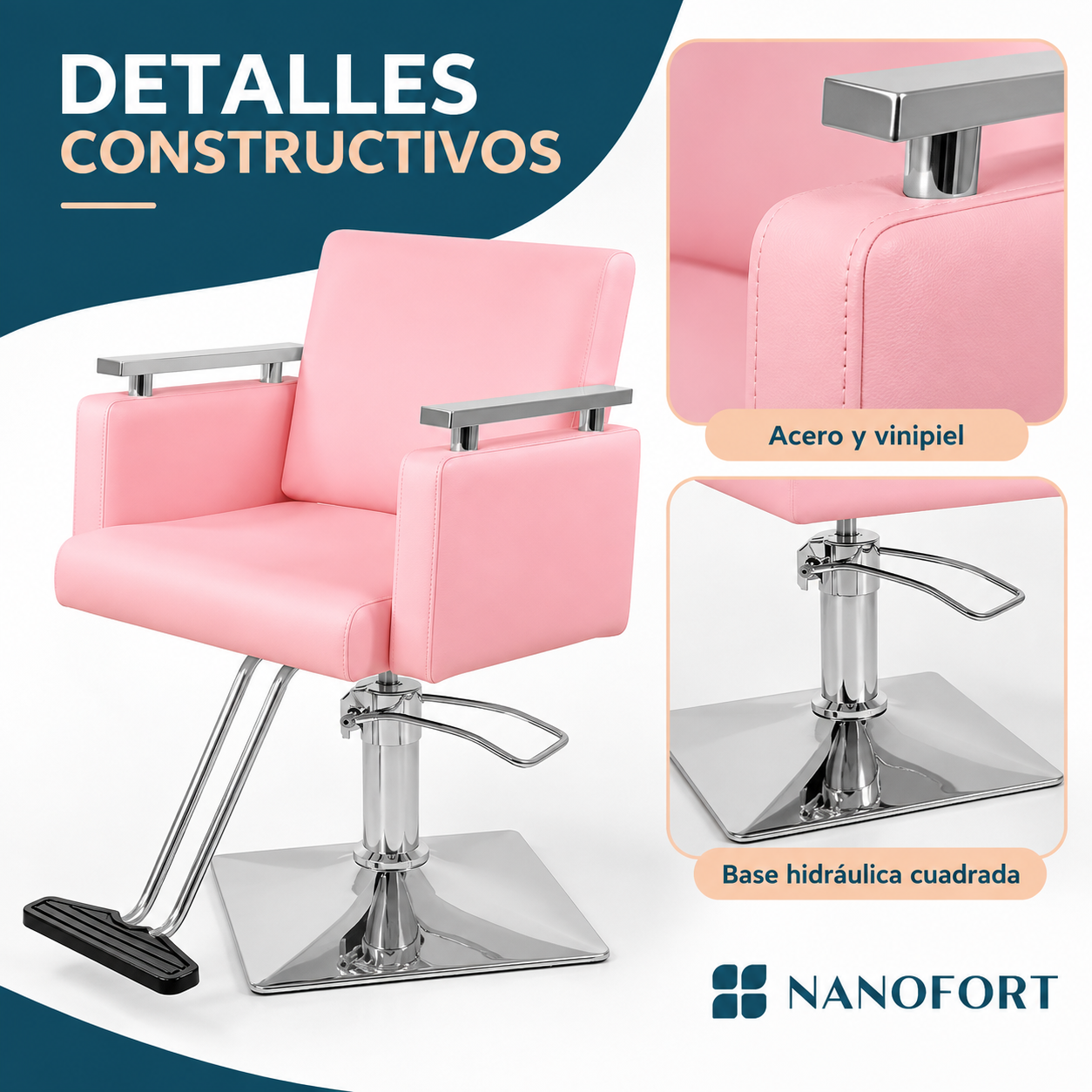 Sill n Barber a Hidr ulico Rosa Giro 360 Base Cuadrada Soporta 150 Kg Nanofort-3