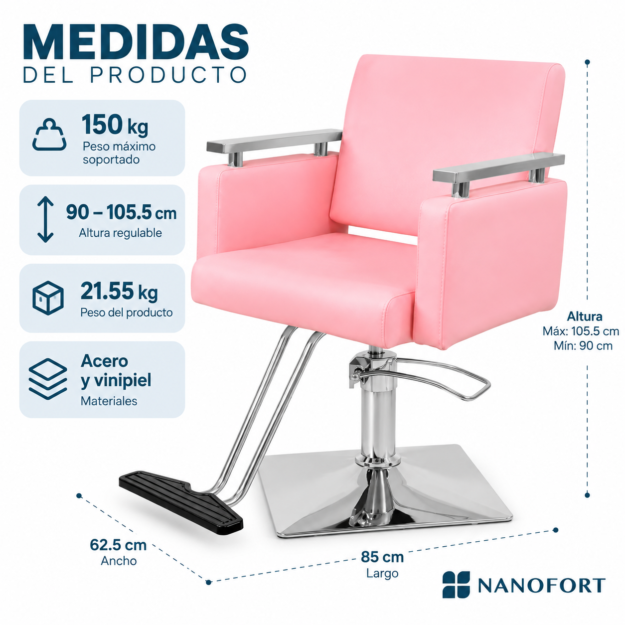 Sill n Barber a Hidr ulico Rosa Giro 360 Base Cuadrada Soporta 150 Kg Nanofort-4