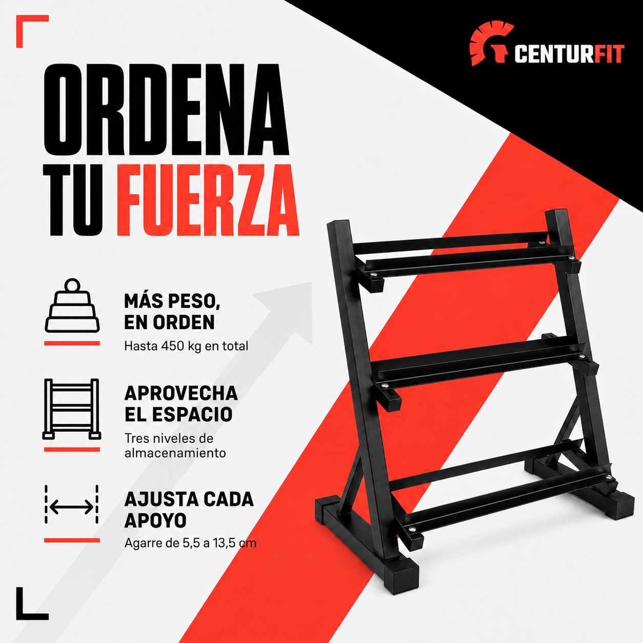 Rack Mancuernas Centurfit 3 Niveles Gym Barras Soporte 450kg-2