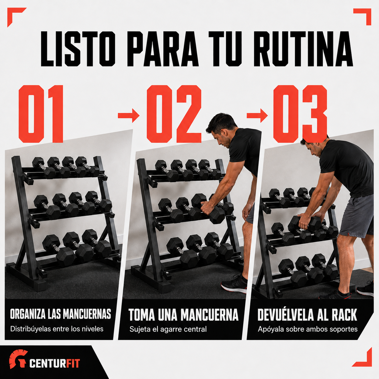 Rack Mancuernas Centurfit 3 Niveles Gym Barras Soporte 450kg-4