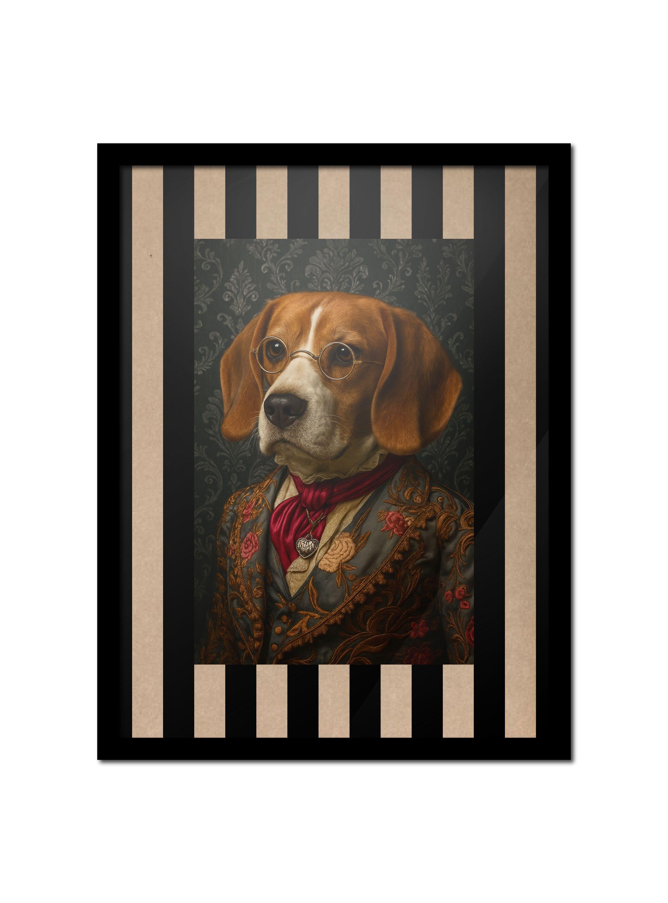 Retrato vertical de beagle de gala vintage con lentes y traje bordado. Lámina 20x30 con paspartú kra-0