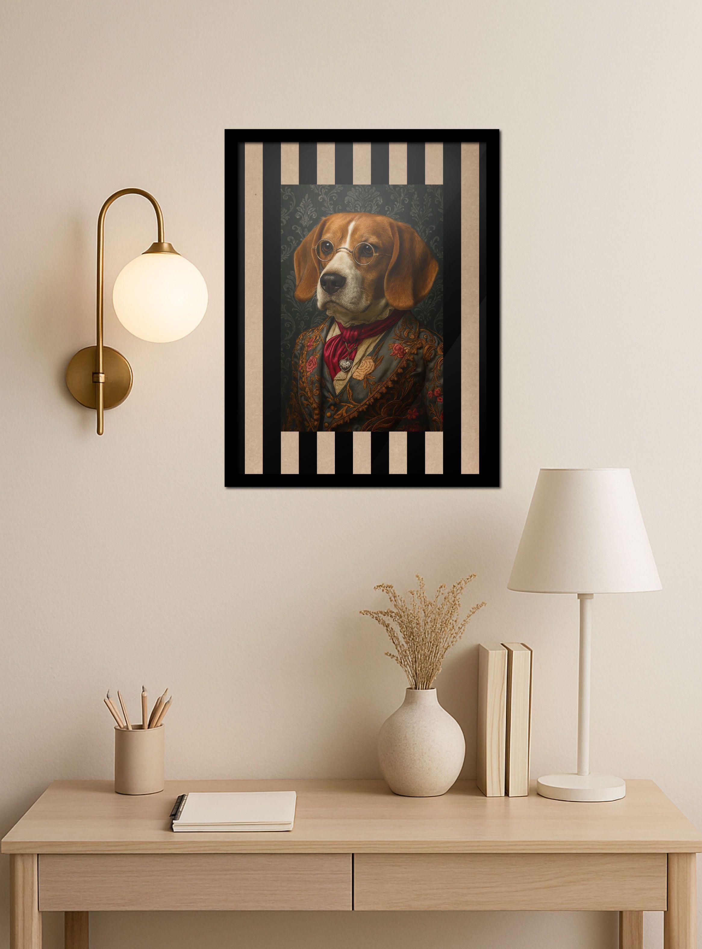 Retrato vertical de beagle de gala vintage con lentes y traje bordado. Lámina 20x30 con paspartú kra-1