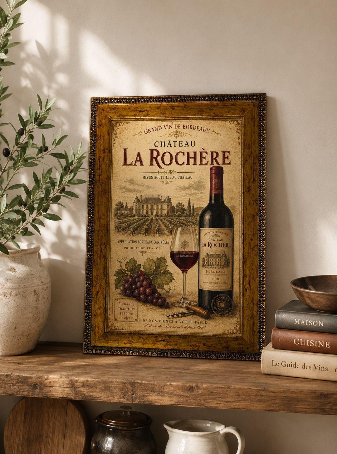 Cuadro Vintage Francés “Château La Rochère” Vino Bordeaux 25x35 cm-1