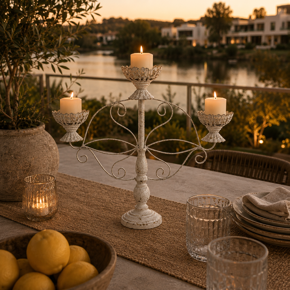 Candelabro Vintage Blanco De Metal Para 3 Velas Decorativo-2