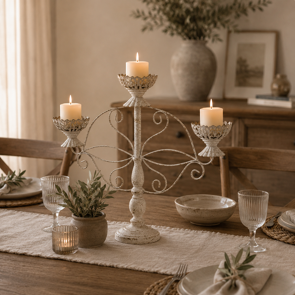 Candelabro Vintage Blanco De Metal Para 3 Velas Decorativo-3