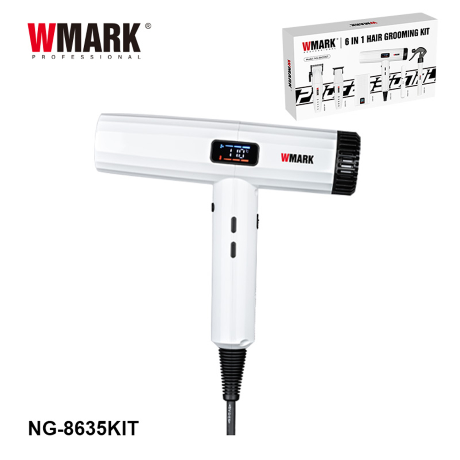 Wmark NG 8635 Kit Profesional 6 en 1 Afeitadora Cortapelos y Secador Blanco-4