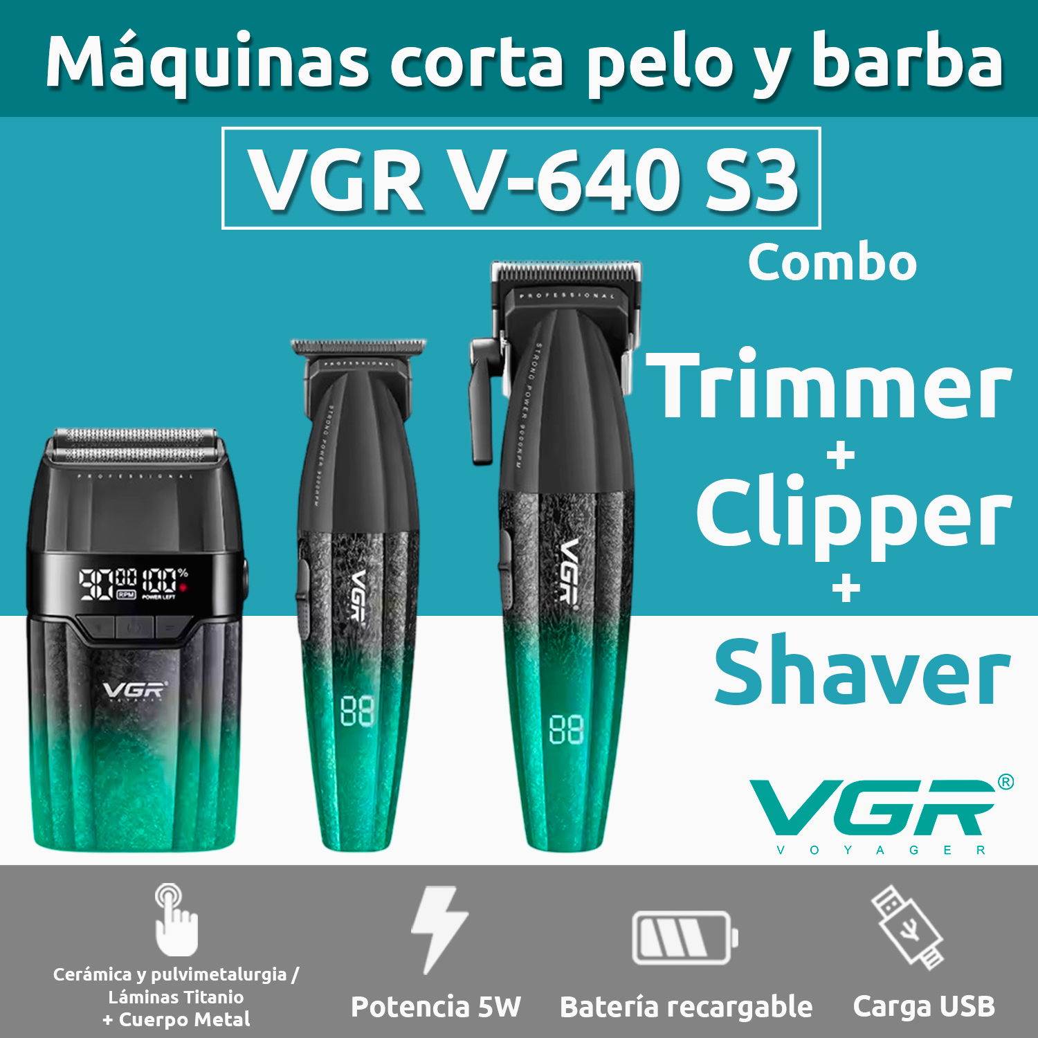 Barber Combo VGR V 640S3 Cortadora Patillera y Afeitadora 3 en 1 Azul-2