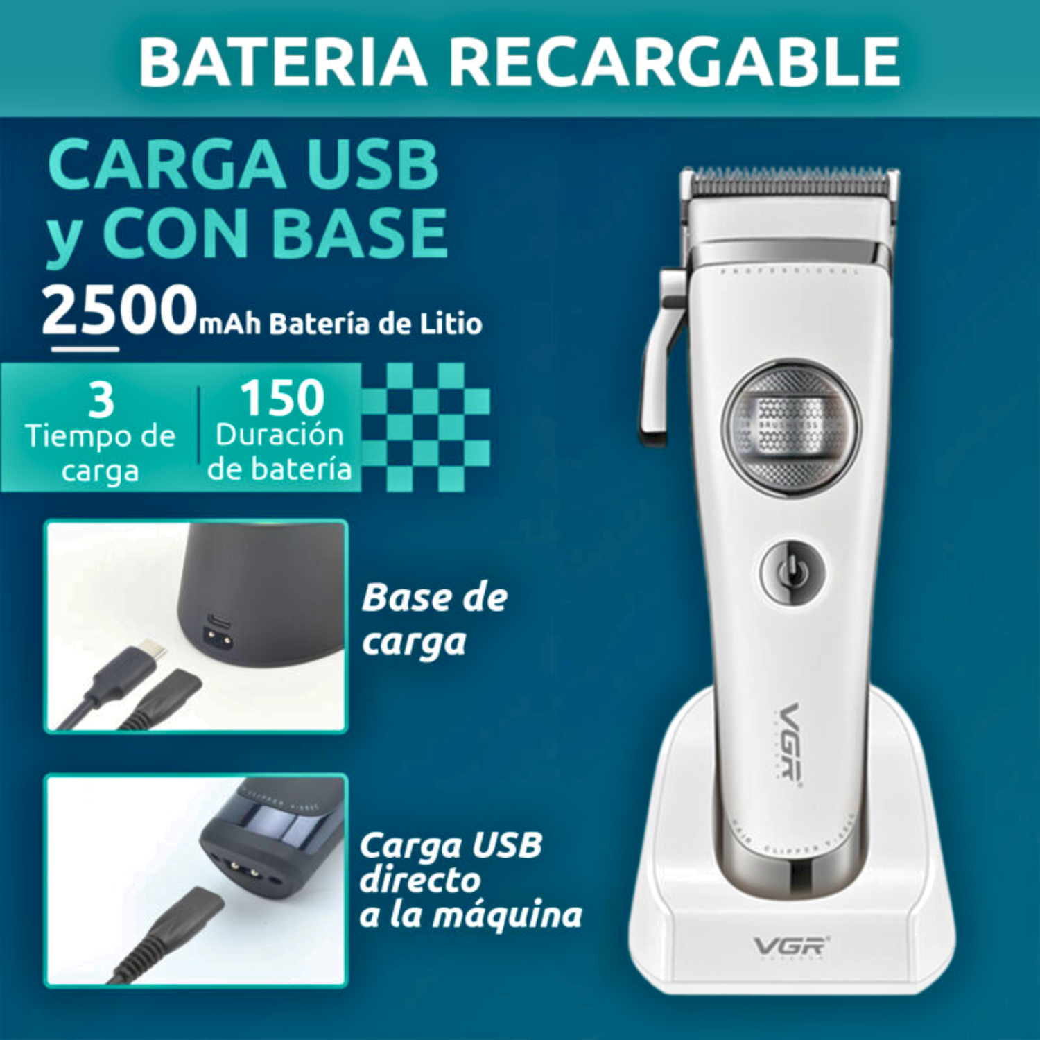 VGR V 880C Maquina Cortapelo Profesional 7200RPM Blanco-3