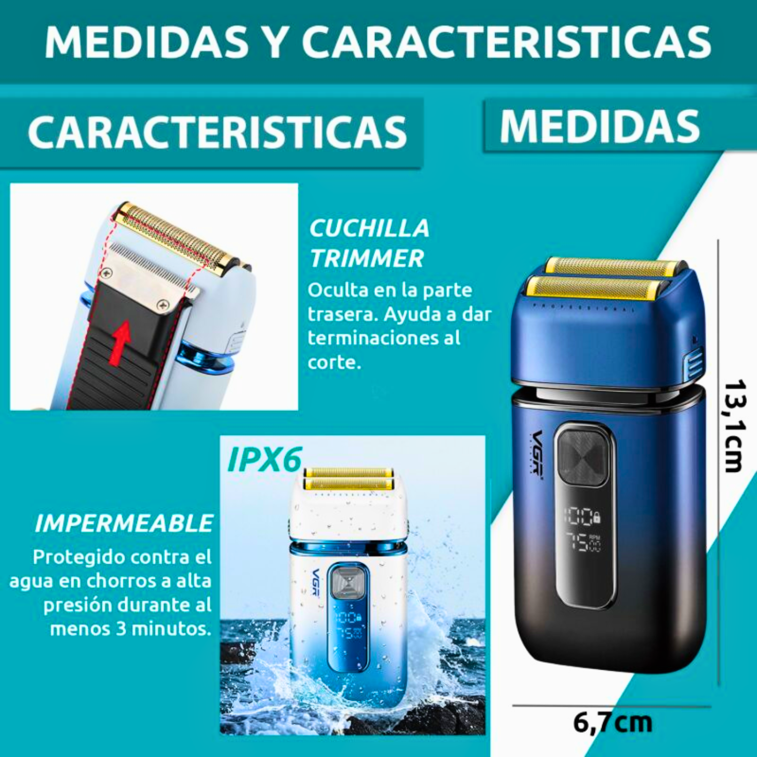Afeitadora Shaver Vgr V 362 El ctrica 2en1 Trimmer Color Azul-3
