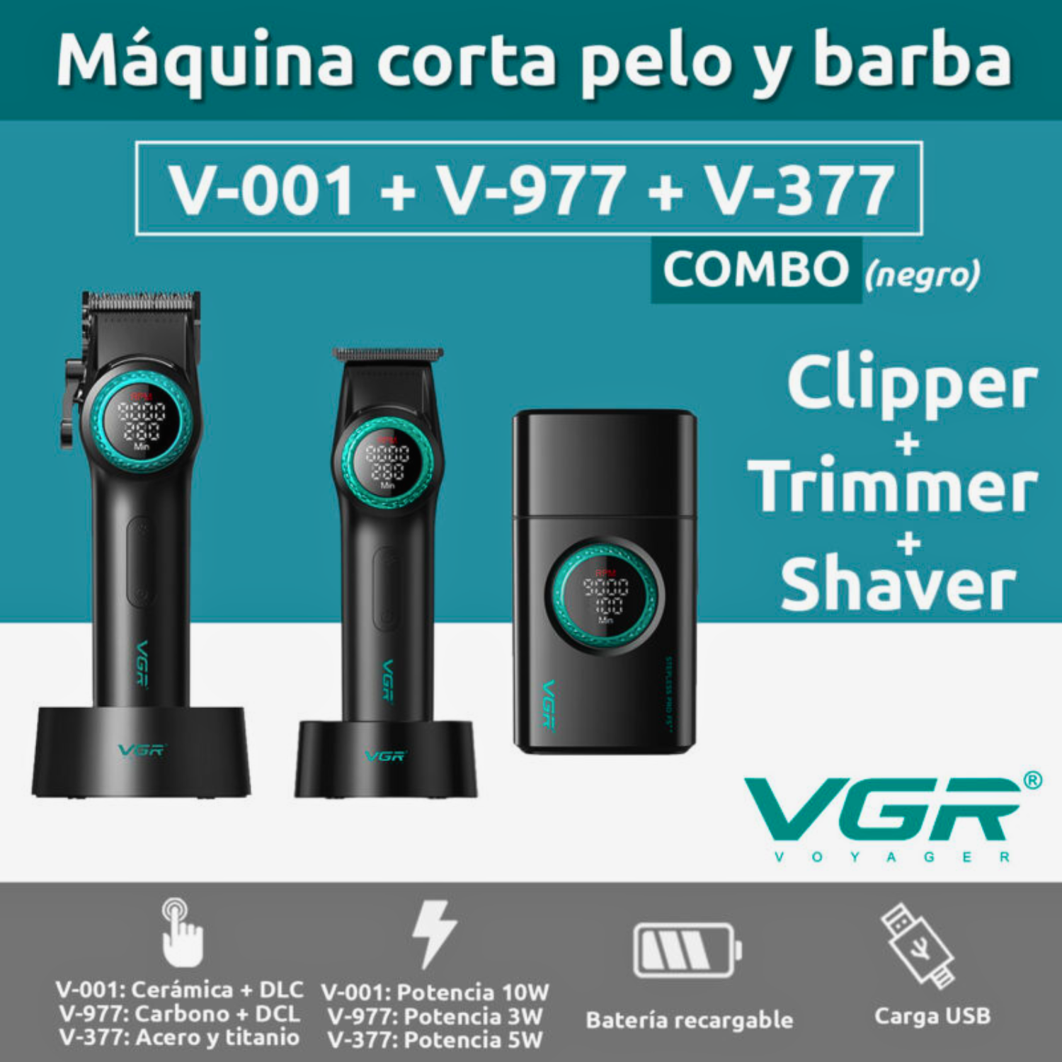 Barber Combo VGR Cortapelo V001 + Patillera V977+ Shaver V377 Negro-1