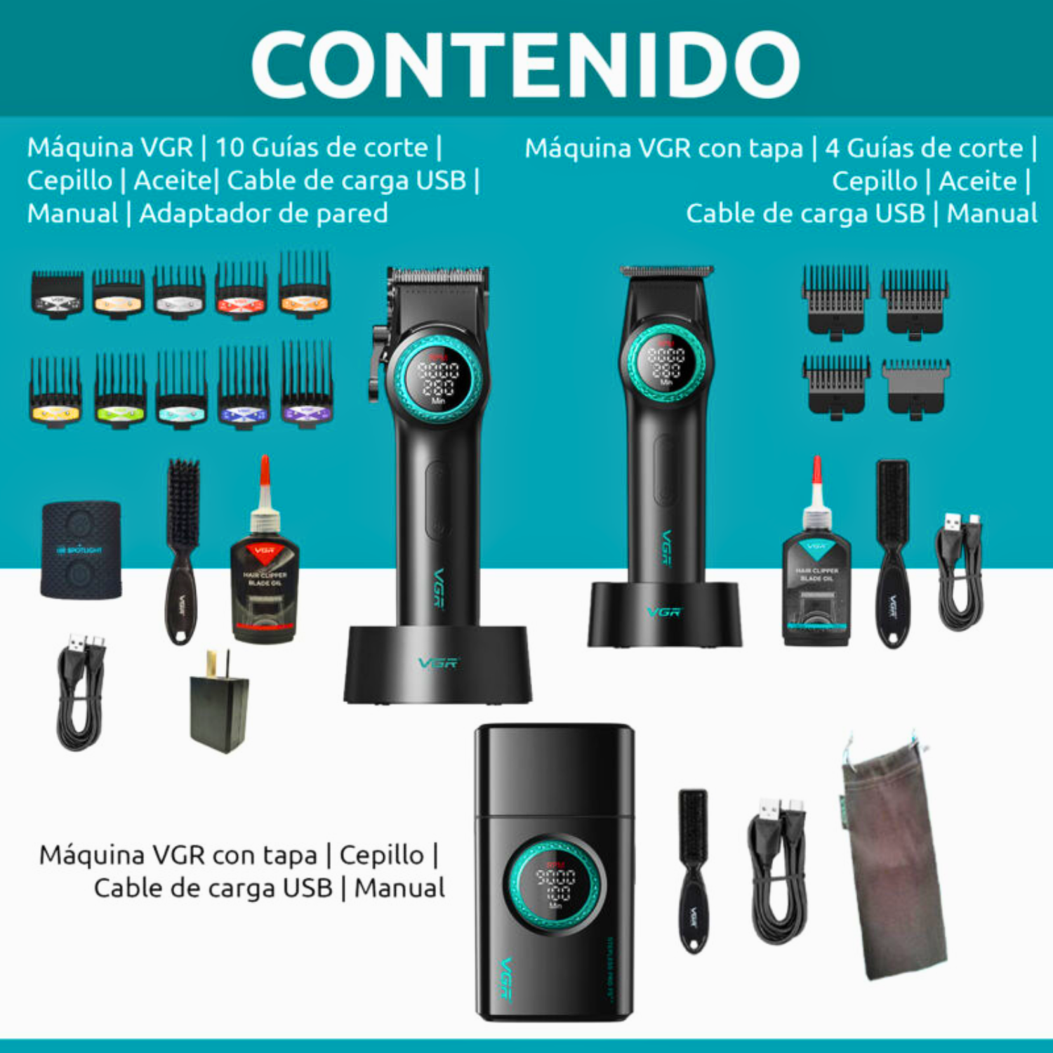 Barber Combo VGR Cortapelo V001 + Patillera V977+ Shaver V377 Negro-2