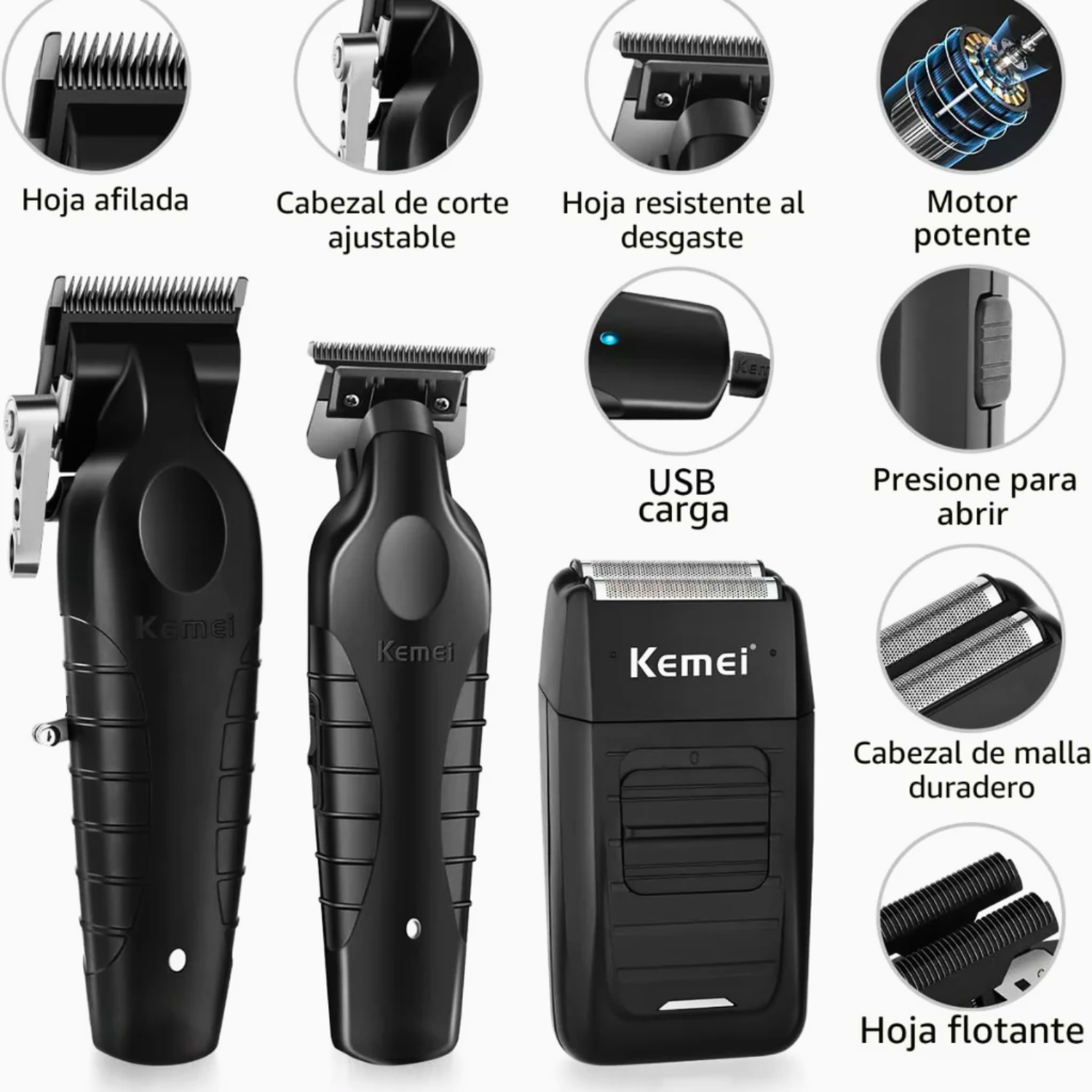 Kit Combo Cortadora de Pelo Profesional Kemei S9 KM 2296 KM 2299 KM 1102-2