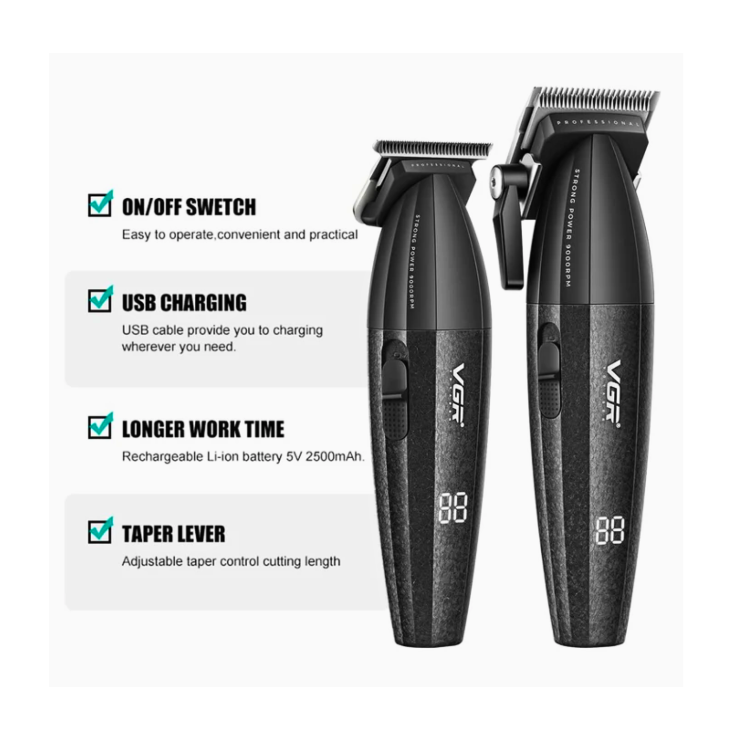 Barber Combo VGR Profesional V640 Clipper y Trimmer 9000RPM Negro-3