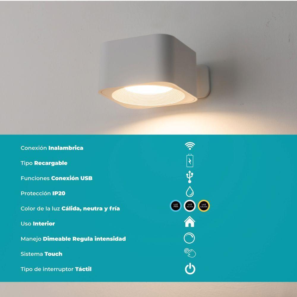 Aplique Inalámbrico Recargable Usb Touch Regulador Muraglie Led 1X5W cuadrado Blanco-1