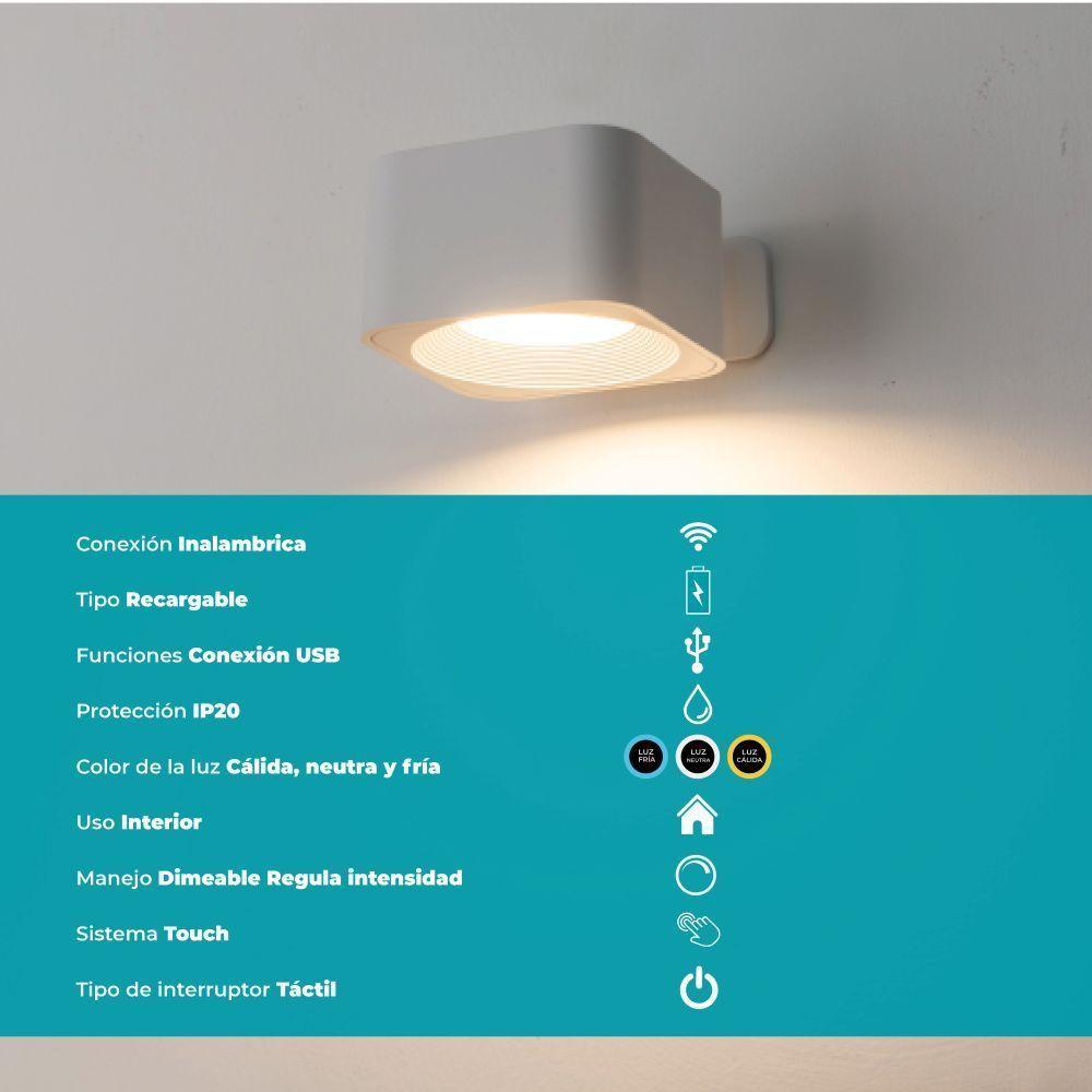 Aplique Inalámbrico Recargable Usb Touch Regulador Muraglie Led 1X5W cuadrado Blanco-2