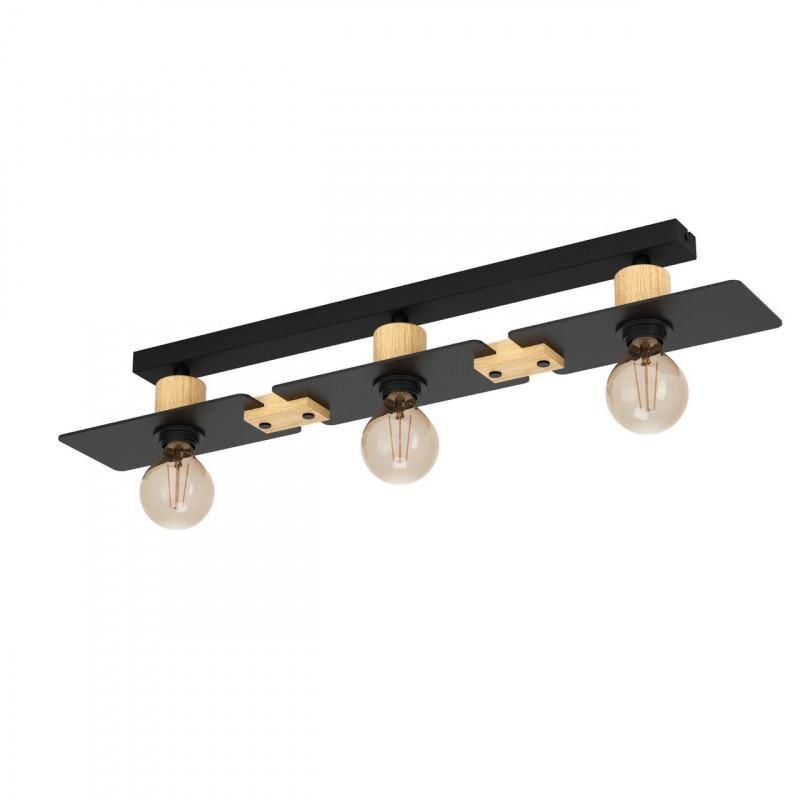 Lampara de Techo Bramerton Acero Negro Madera E27 3x40w IP20 Cod.43751-0