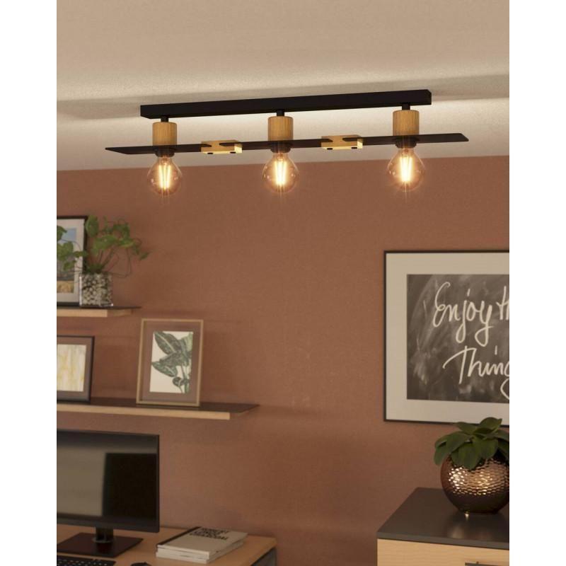 Lampara de Techo Bramerton Acero Negro Madera E27 3x40w IP20 Cod.43751-1