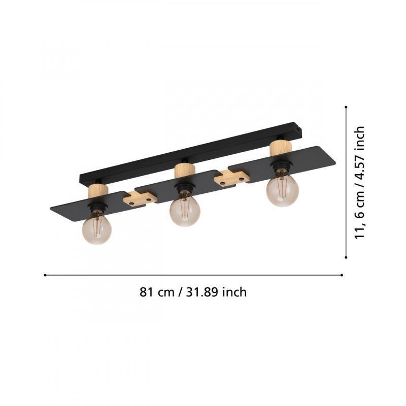 Lampara de Techo Bramerton Acero Negro Madera E27 3x40w IP20 Cod.43751-3