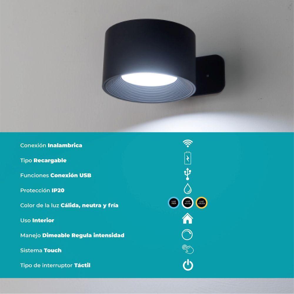 Aplique Inalámbrico Recargable Usb Touch Regulador Muraglie Led 1X5W-2