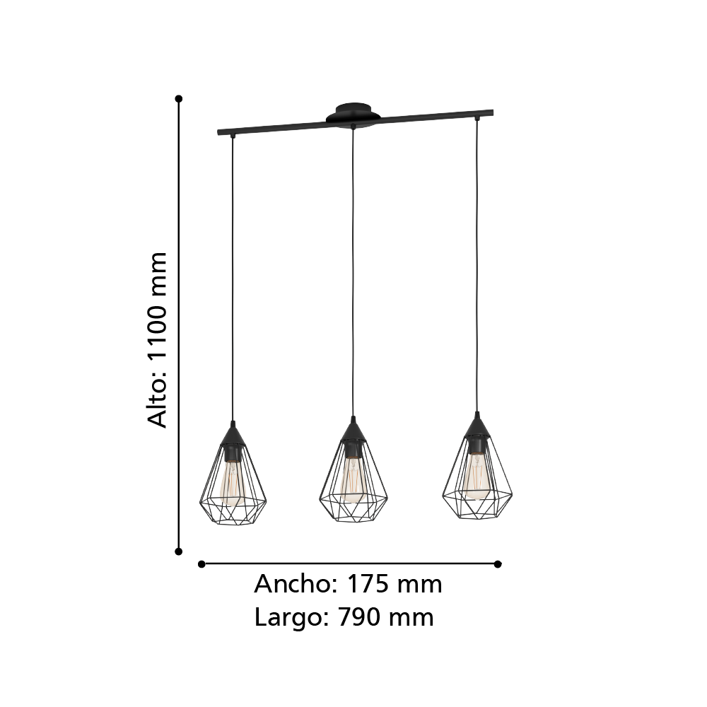 Lámpara Colgante Tarbes Acero Negro E27 3X60W cod.94189-2