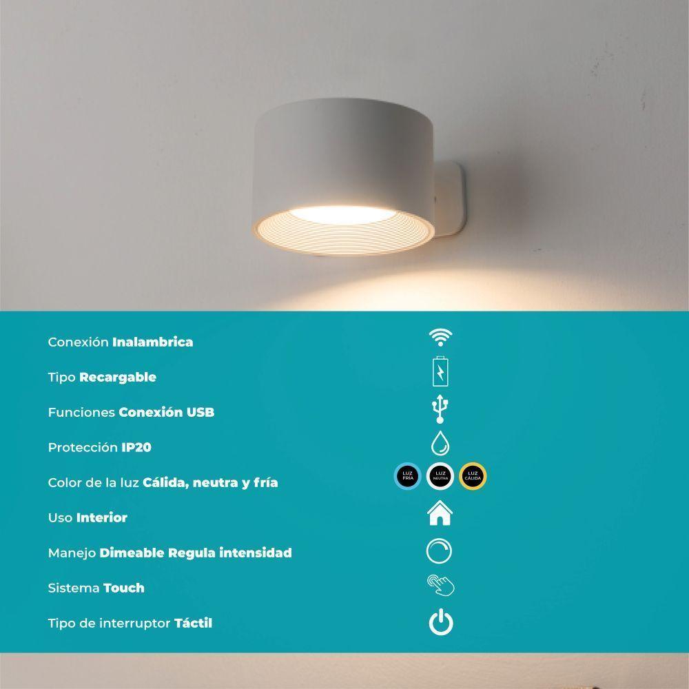 Aplique Inalámbrico Recargable Usb Touch Regulador Muraglie Led 1X5W Redondo blanco-2