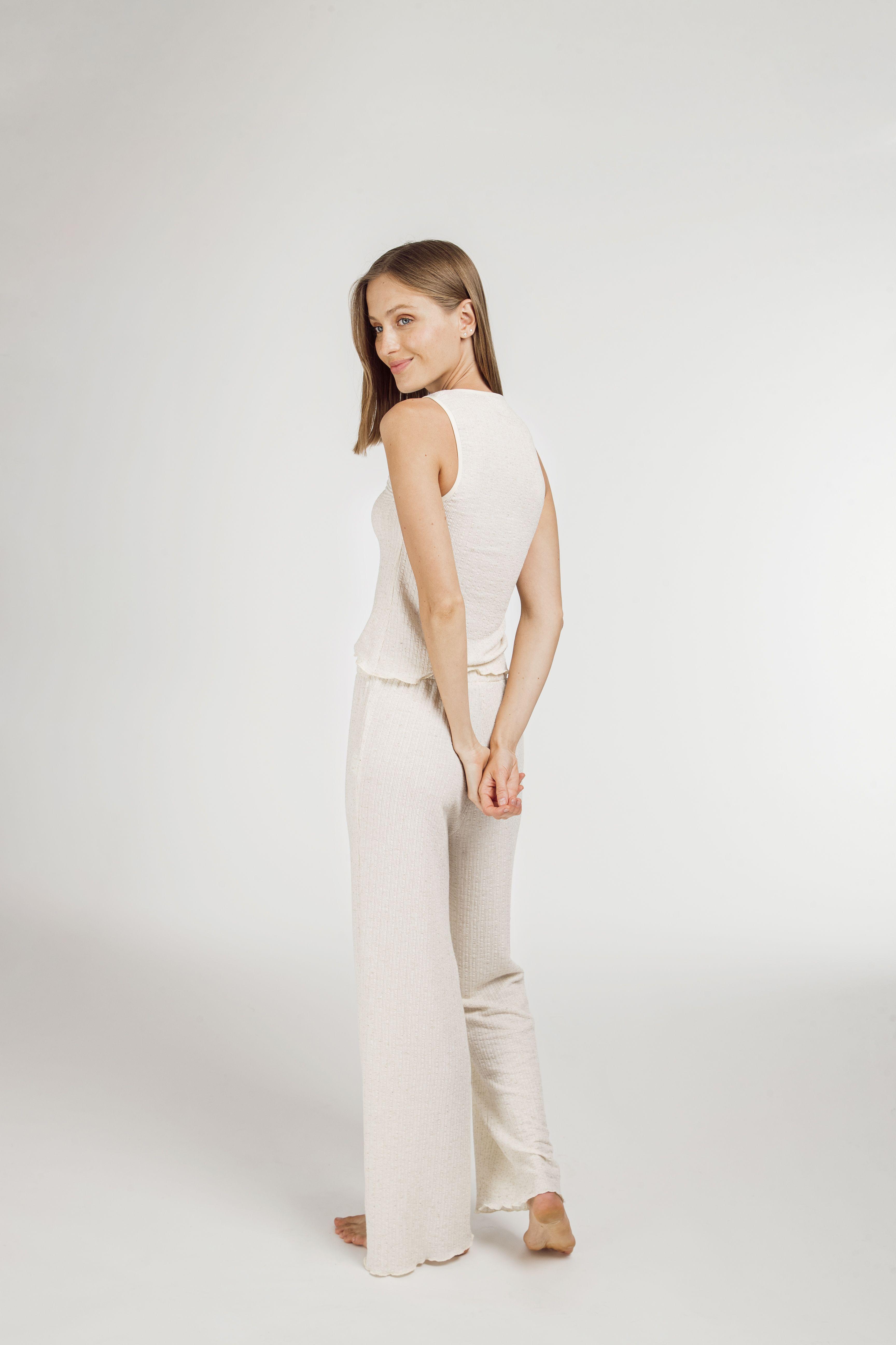 Pijama de Punto Acanalado con Top de Tirantes Anchos y Pantalón largo-3