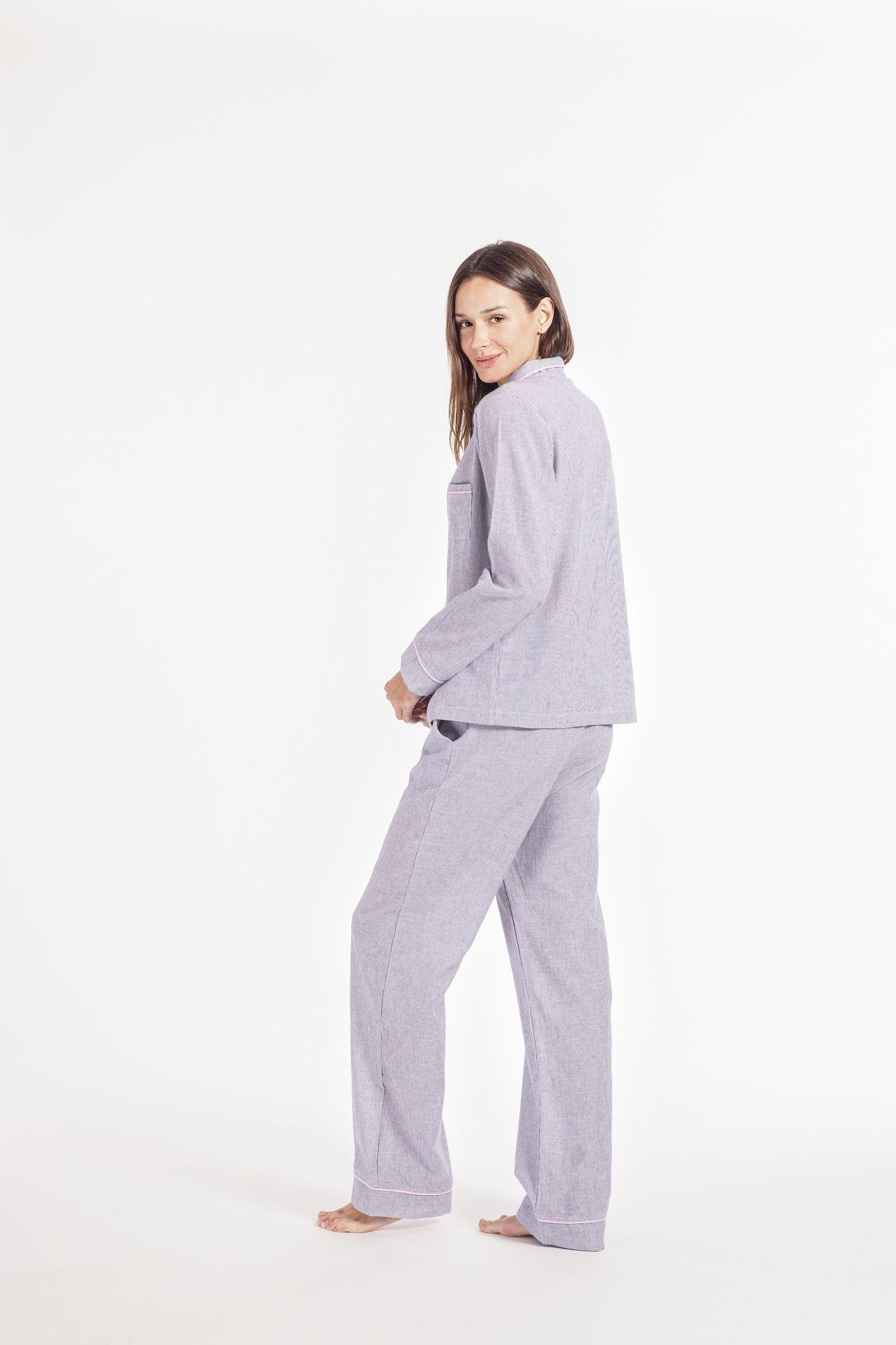 Set de pijama camisero largo 100 algodon con rayas azul-1