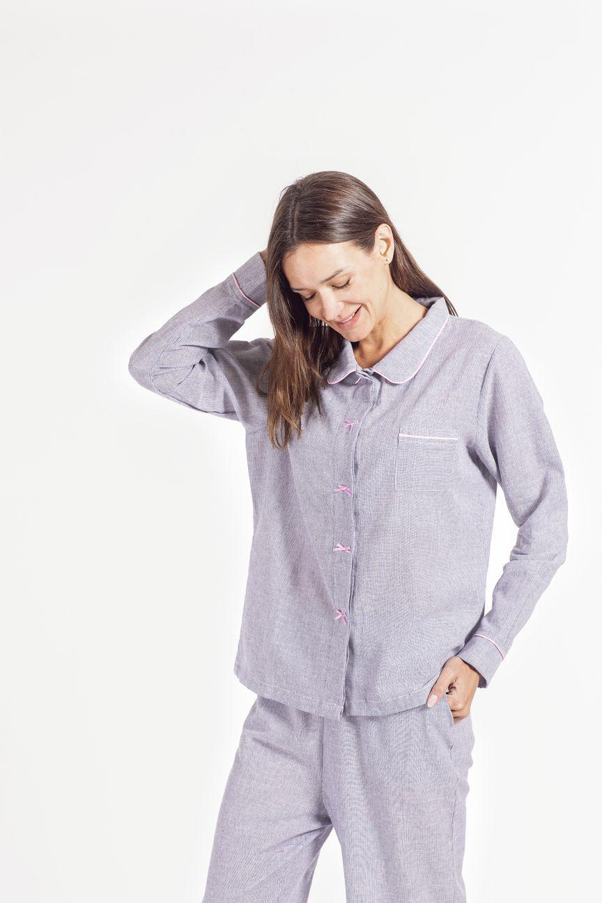 Set de pijama camisero largo 100 algodon con rayas azul-3