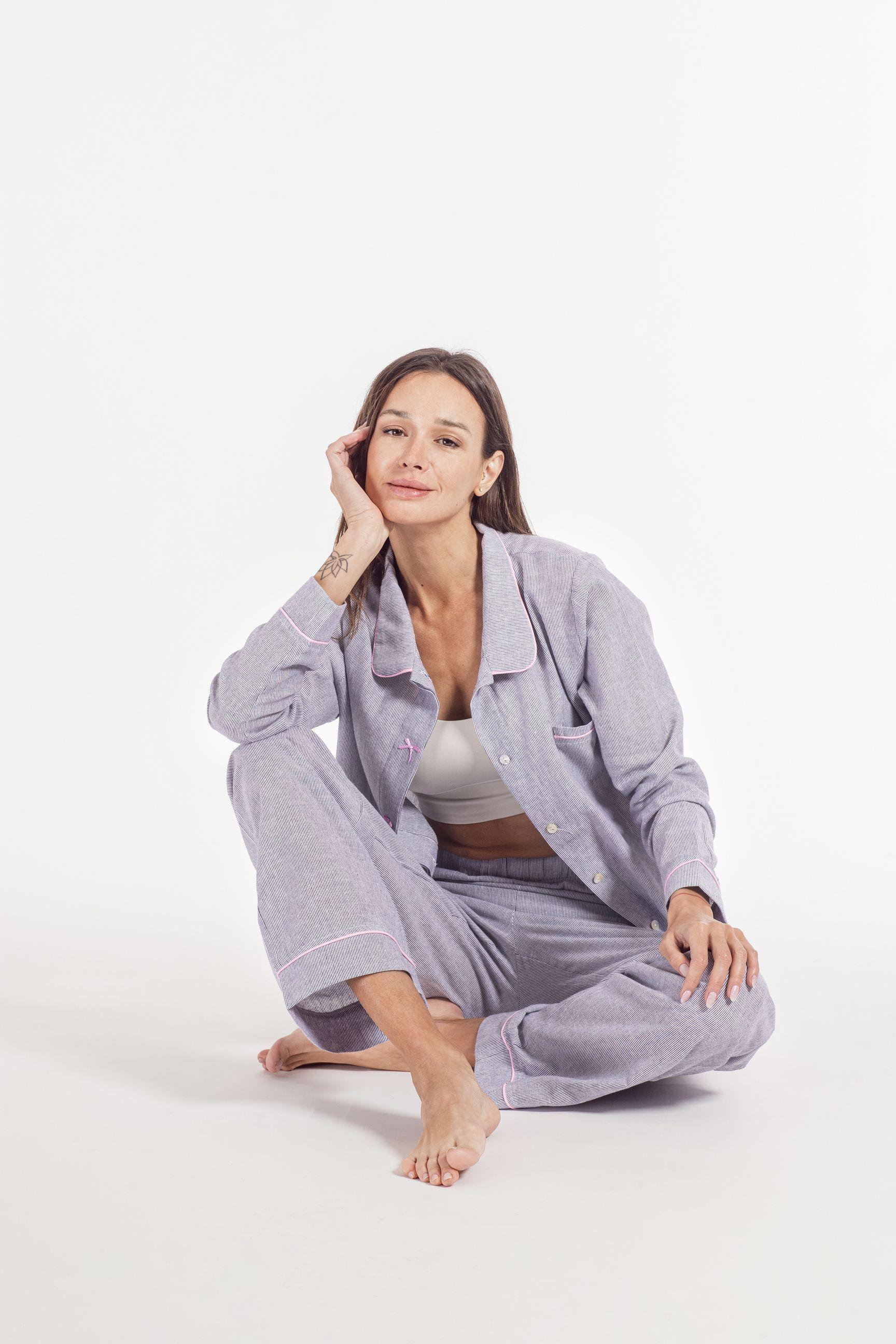 Set de pijama camisero largo 100 algodon con rayas azul-5