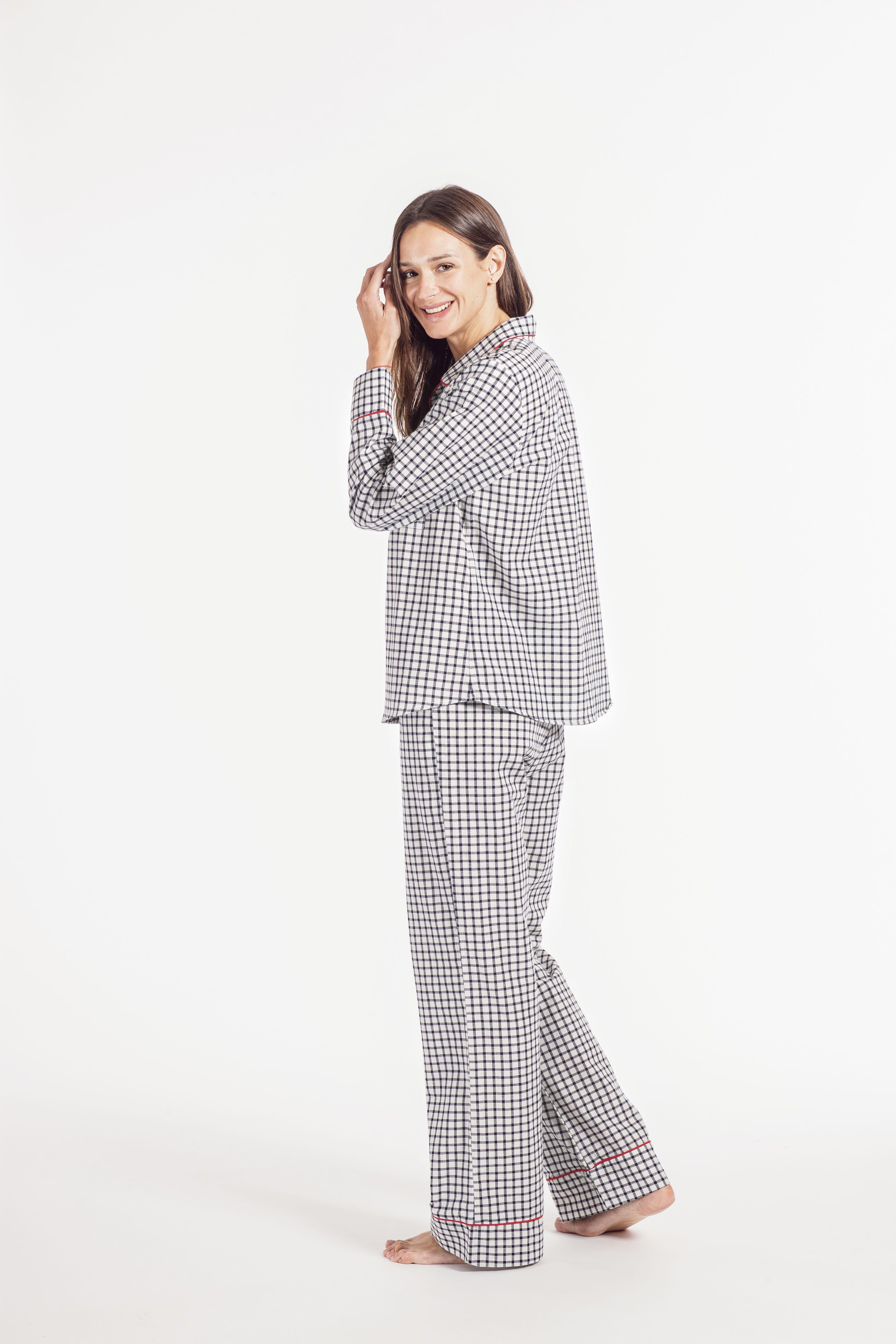 Pijama camisero largo 100% algodón. Cuadros grandes con terminaciones rojos-1