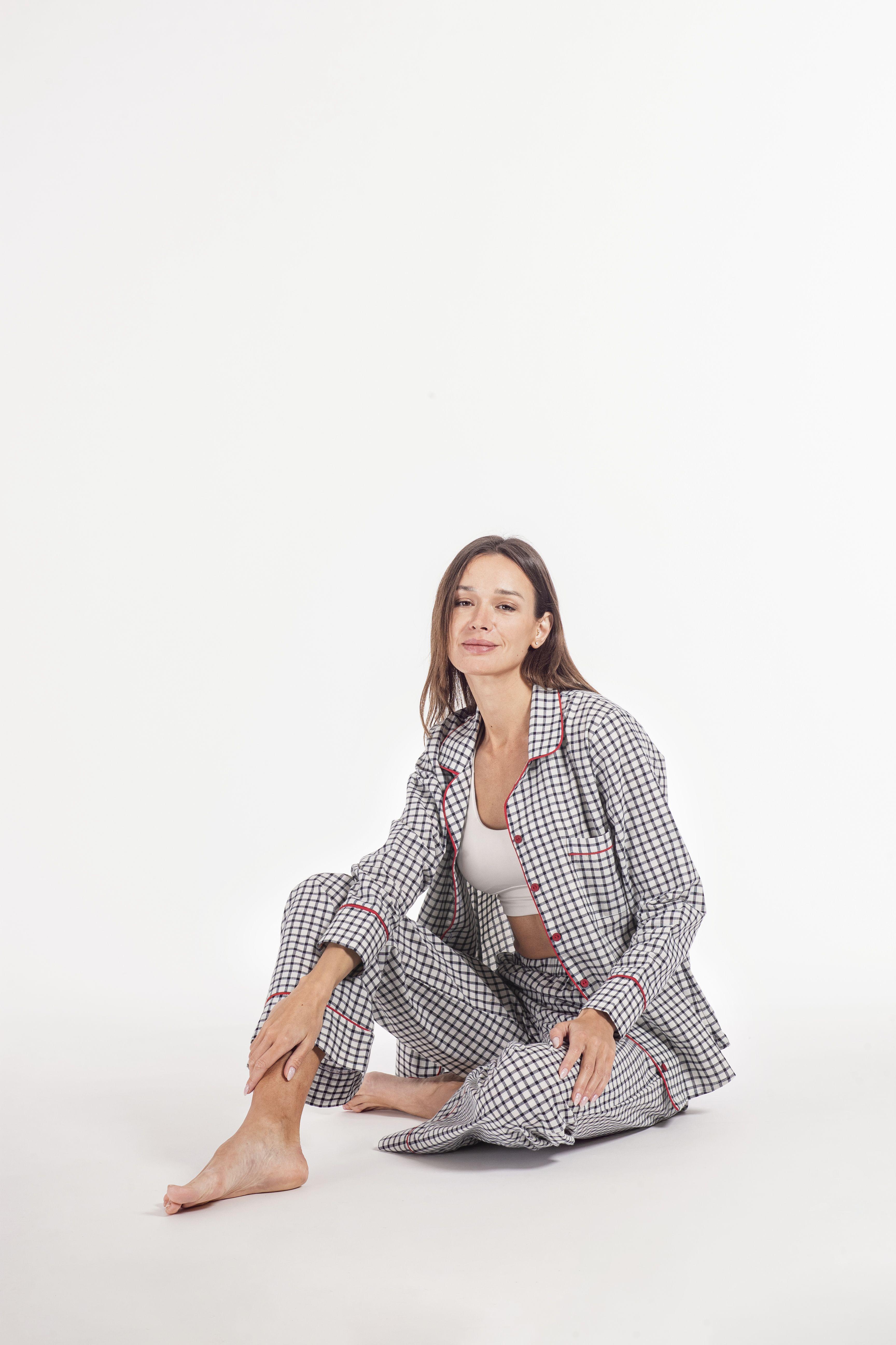 Pijama camisero largo 100% algodón. Cuadros grandes con terminaciones rojos-2