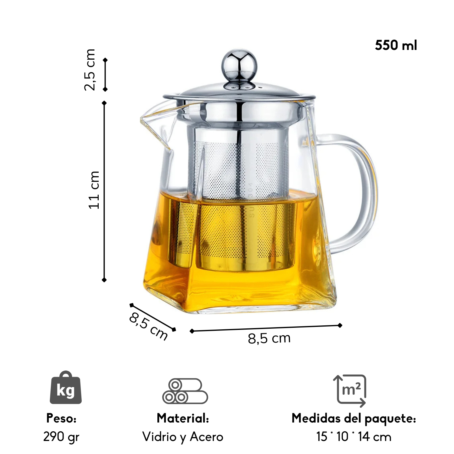 Tetera Vidrio Resistente Al Fuego Con Infusor Acero 550 M-2