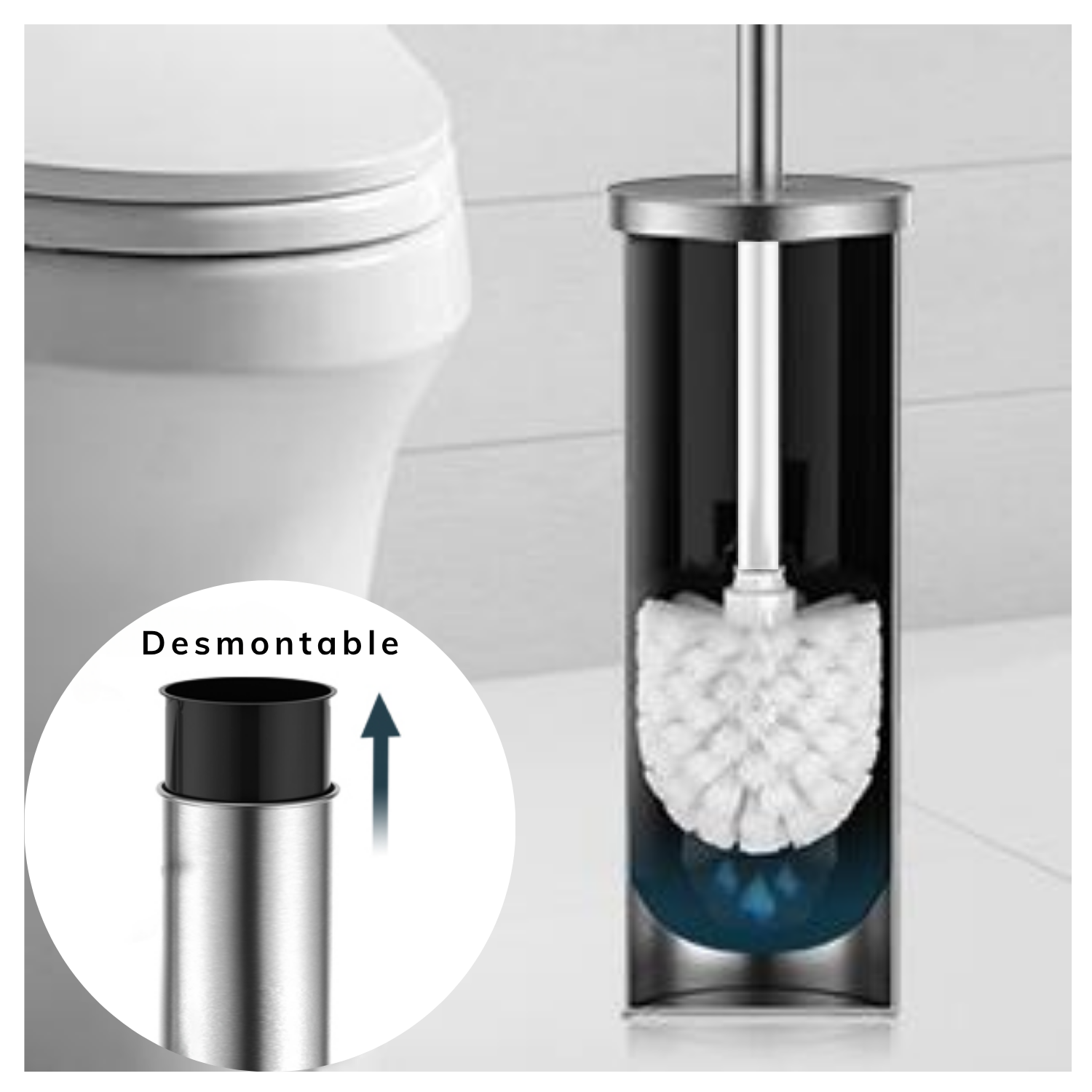 Escobilla Para Wc Cepillo Limpia Inodoro De Acero Inoxidable Set Con Base Y Balde Interior-5