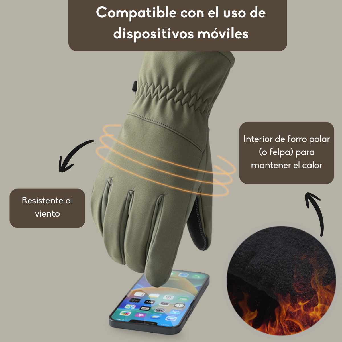 Guantes Con Polar Cortaviento Tactil Invierno Moto Negro M-5