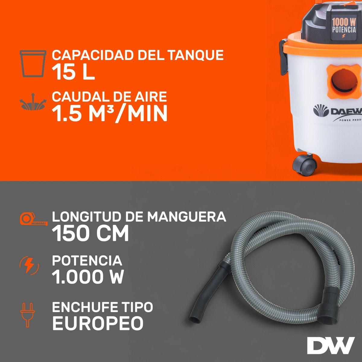 Aspiradora De Tacho Polvo Y Agua Daewoo 15l 1000w + set Esponjas-4